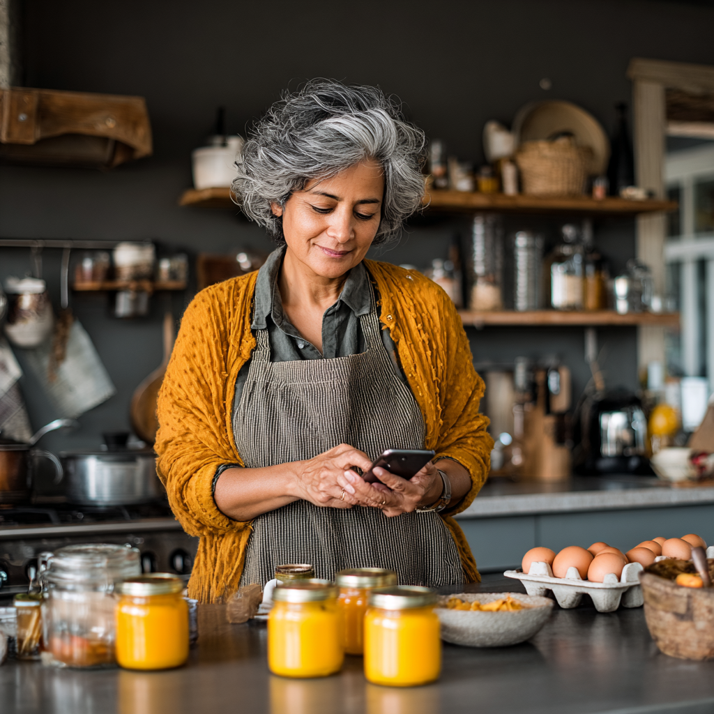 Mujer de 54 años revisando su progreso nutricional en una aplicación móvil mientras desayuna saludablemente en una cocina moderna