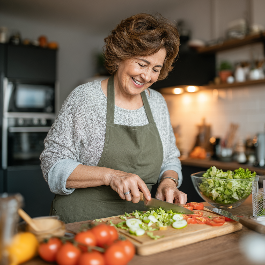 Mujer de 55 años sonriendo mientras prepara una ensalada saludable en una cocina moderna, mostrando los beneficios de una alimentación planificada