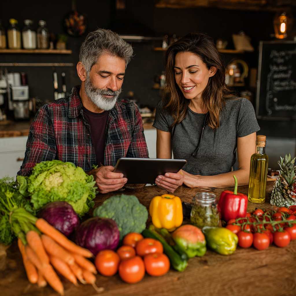 Hombre de 58 años consultando con una nutrióloga en una moderna clínica de nutrición, revisando un plan alimentario personalizado en una tablet