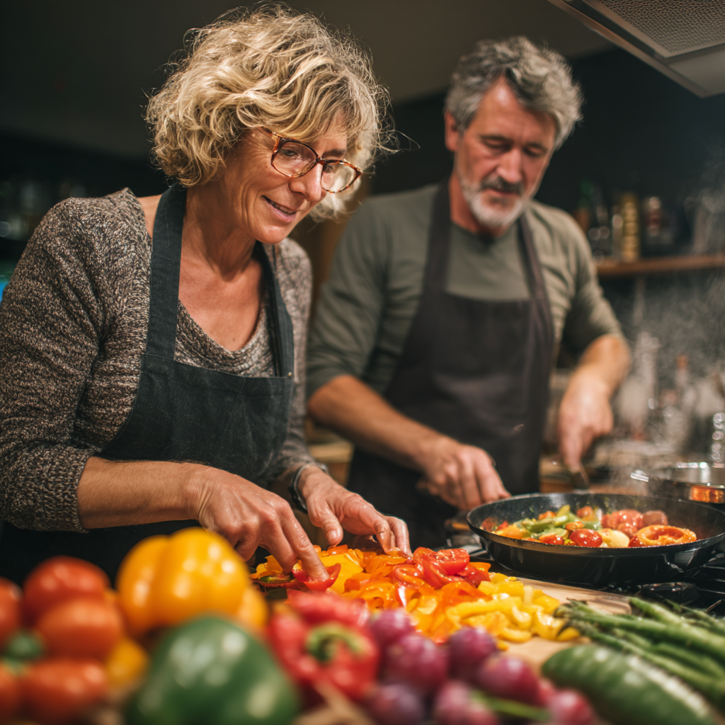 Pareja de adultos de 52 y 56 años cocinando juntos una comida saludable y colorida en su cocina, siguiendo un plan nutricional personalizado